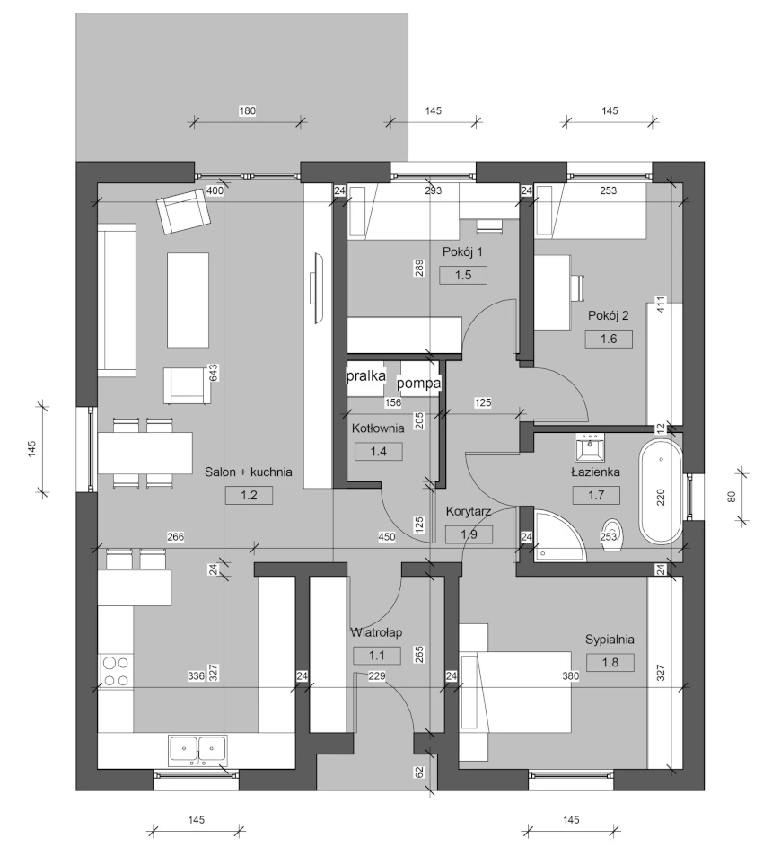 Rzut parteru F090 – 90m2