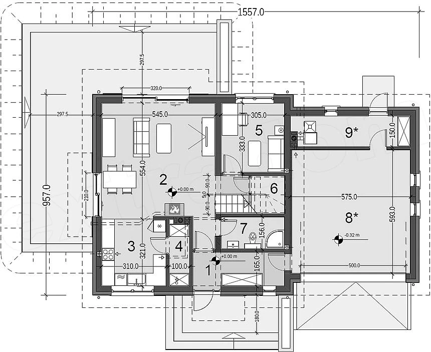 Rzut parteru Jaskółka 6 z garażem 2-st. WRL1058