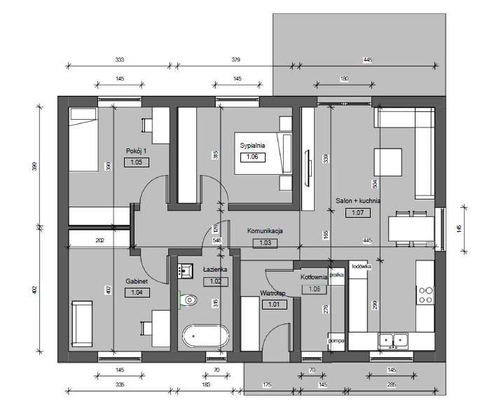 Rzut parteru MO090 – 90m2