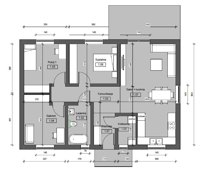 Rzut parteru P090 – 90m2